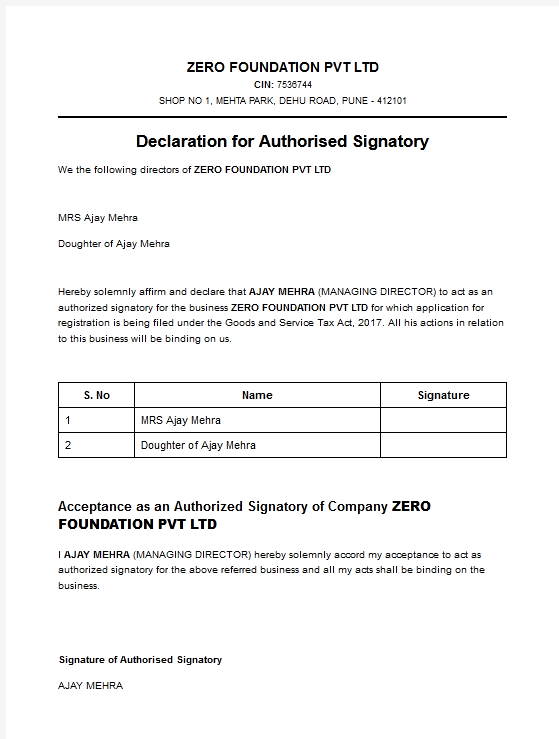 GST Authorized Signatory Letter Format Sample